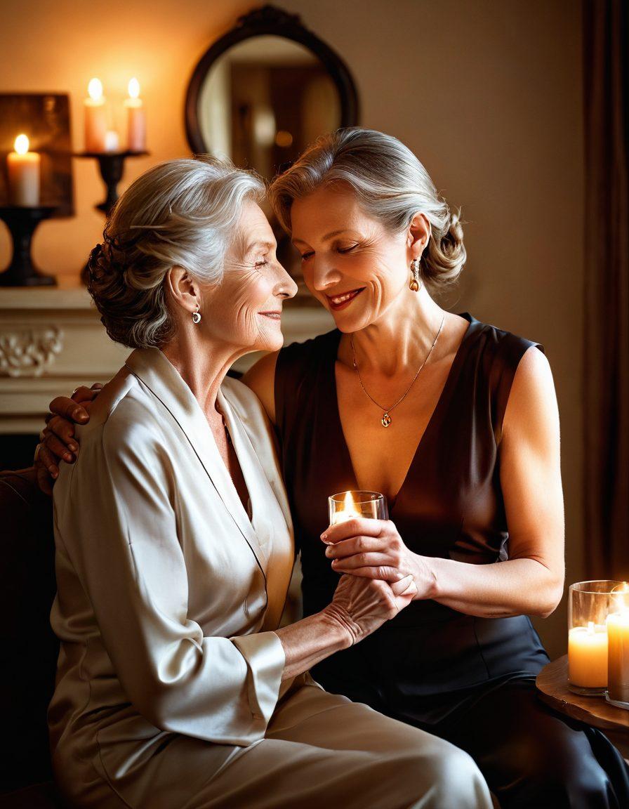 A warm, inviting scene featuring an older woman with confidence and grace, engaging in an intimate and playful moment with a younger partner. Soft lighting enhances the atmosphere, while various tasteful kink elements subtly decorate the background, such as silk ribbons, leather accessories, and candles creating a sense of exploration and comfort. The woman's expression exudes wisdom and allure, symbolizing the beauty of passion without age limits. super-realistic. warm colors. intimate ambiance.