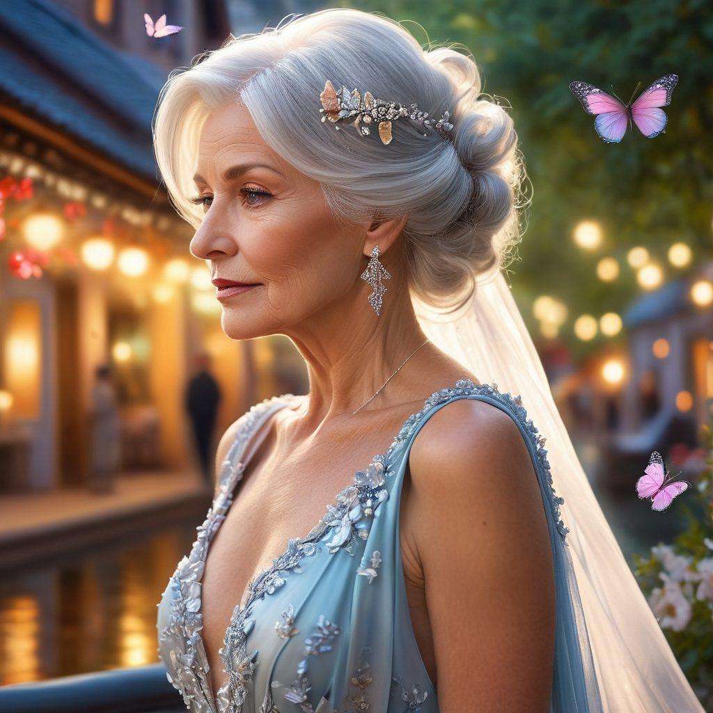A serene romantic setting featuring an elegant older woman with cascading silver hair, dressed in a flowing, vibrant gown that exudes confidence. She's surrounded by enchanting fantasy elements like soft glowing lights and delicate butterflies, while a dreamy landscape unfolds in the background. The scene radiates warmth and allure, capturing the essence of passion and romance at any age. pastel colors. super-realistic.