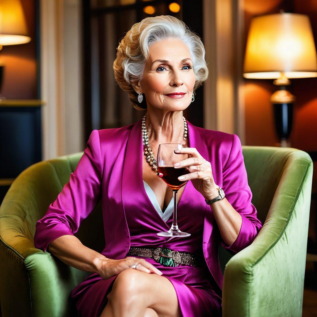 A sophisticated and confident older woman, embodying the allure of femininity, gracefully sipping wine in a luxurious lounge. Surround her with younger admirers, emphasizing a playful and charismatic atmosphere, while showcasing her stylish attire. The scene is vibrant, reflecting charisma and empowerment, with warm, inviting lighting. super-realistic. vibrant colors. soft-focus background.